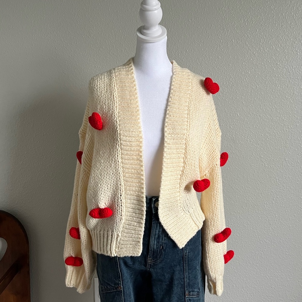 Duchamp Cream Cardigan with Red Heart Details